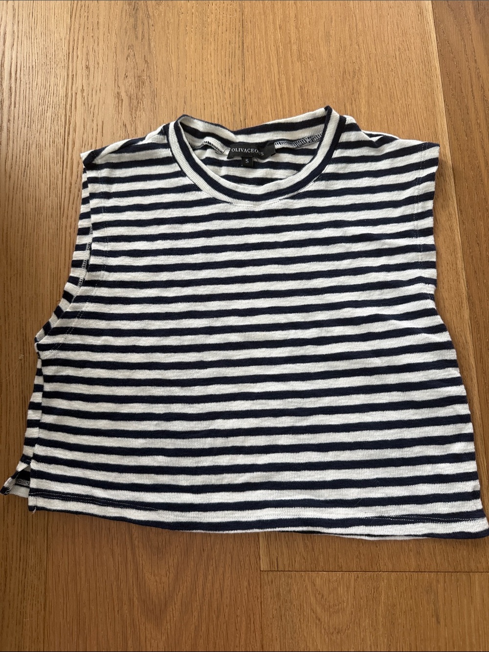 Navy and white striped knit sleeveless top S | coastal, beach, lounge,